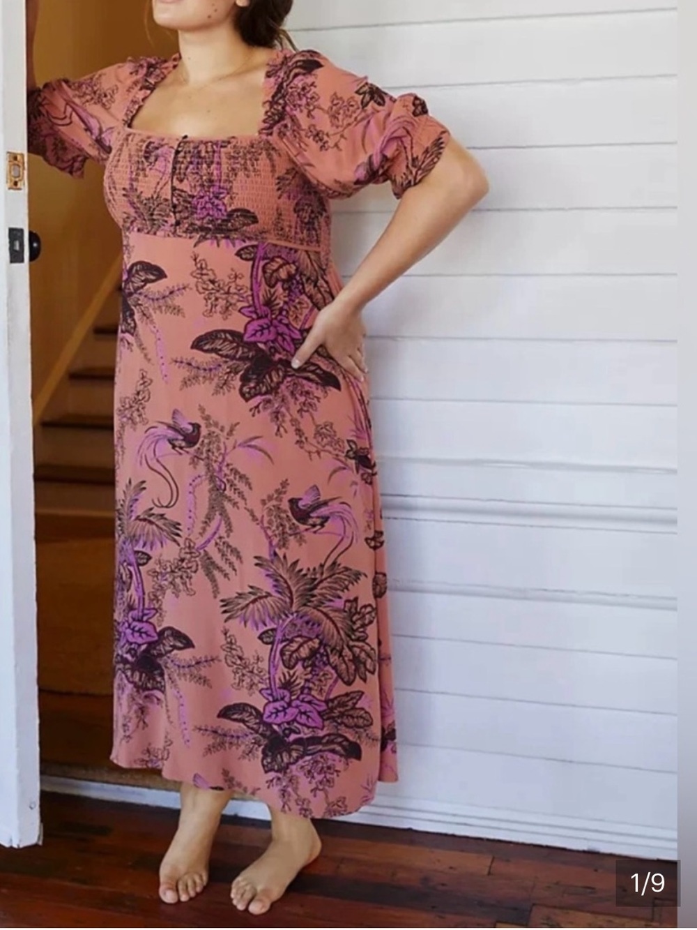 Anthropologie Rust Smocked Bird & Botanical Prairie MIDI Dress Size Large